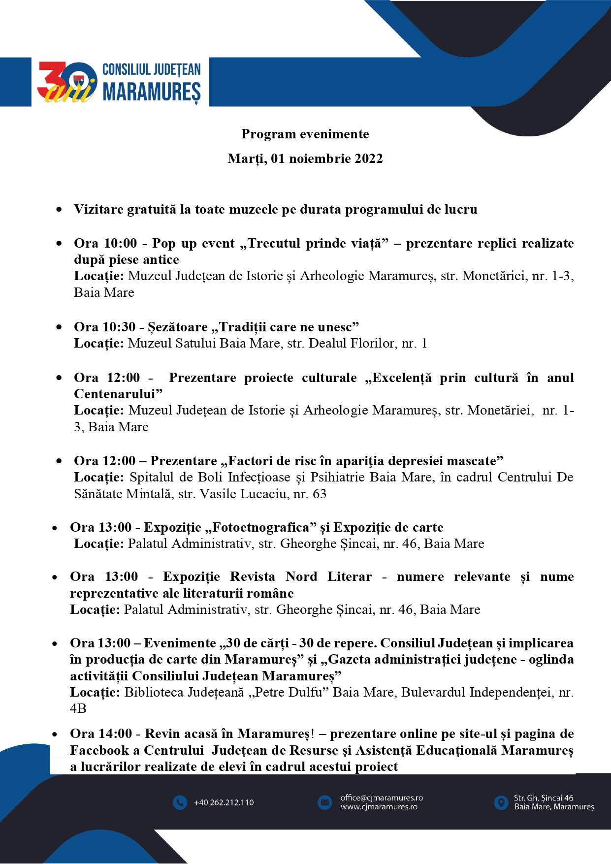 Consiliul Județean Maramureș marchează 30 de ani de la înființare prin organizarea de evenimente pentru cetățeni
