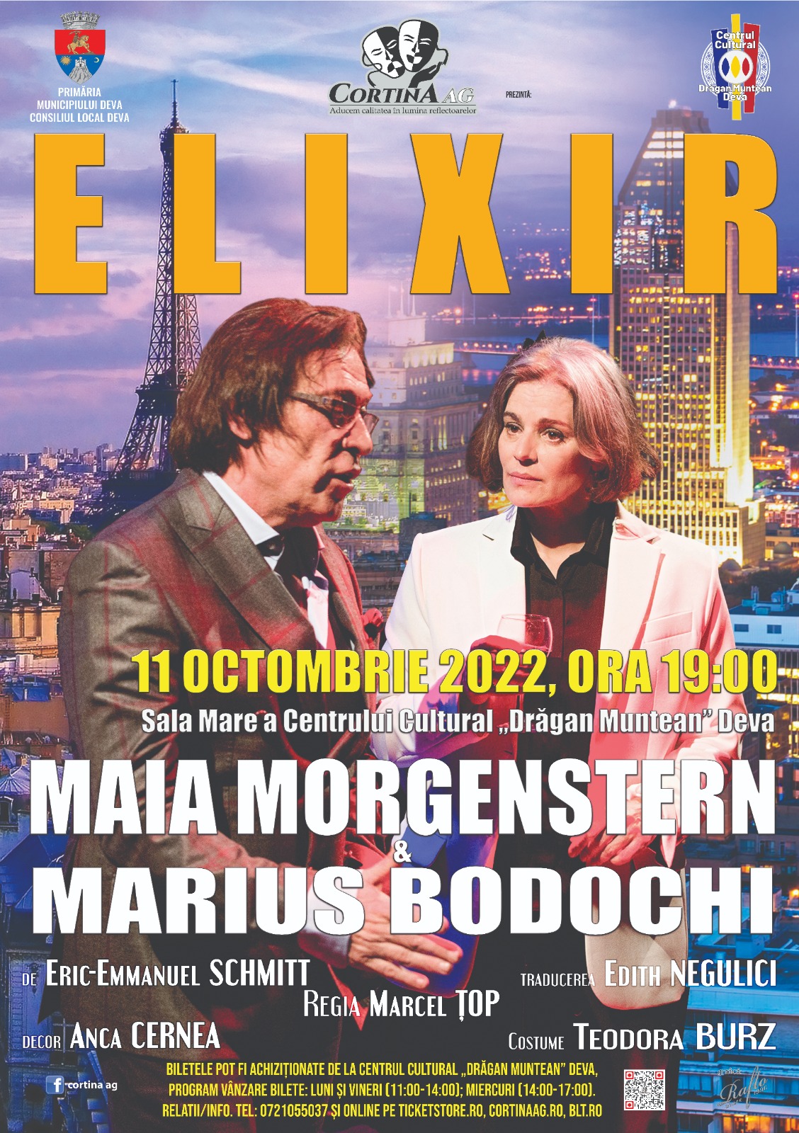 Maia Morgenstern şi Marius Bodochi, în „Elixir” – la Centrul  Cultural „Drăgan Muntean” din Deva