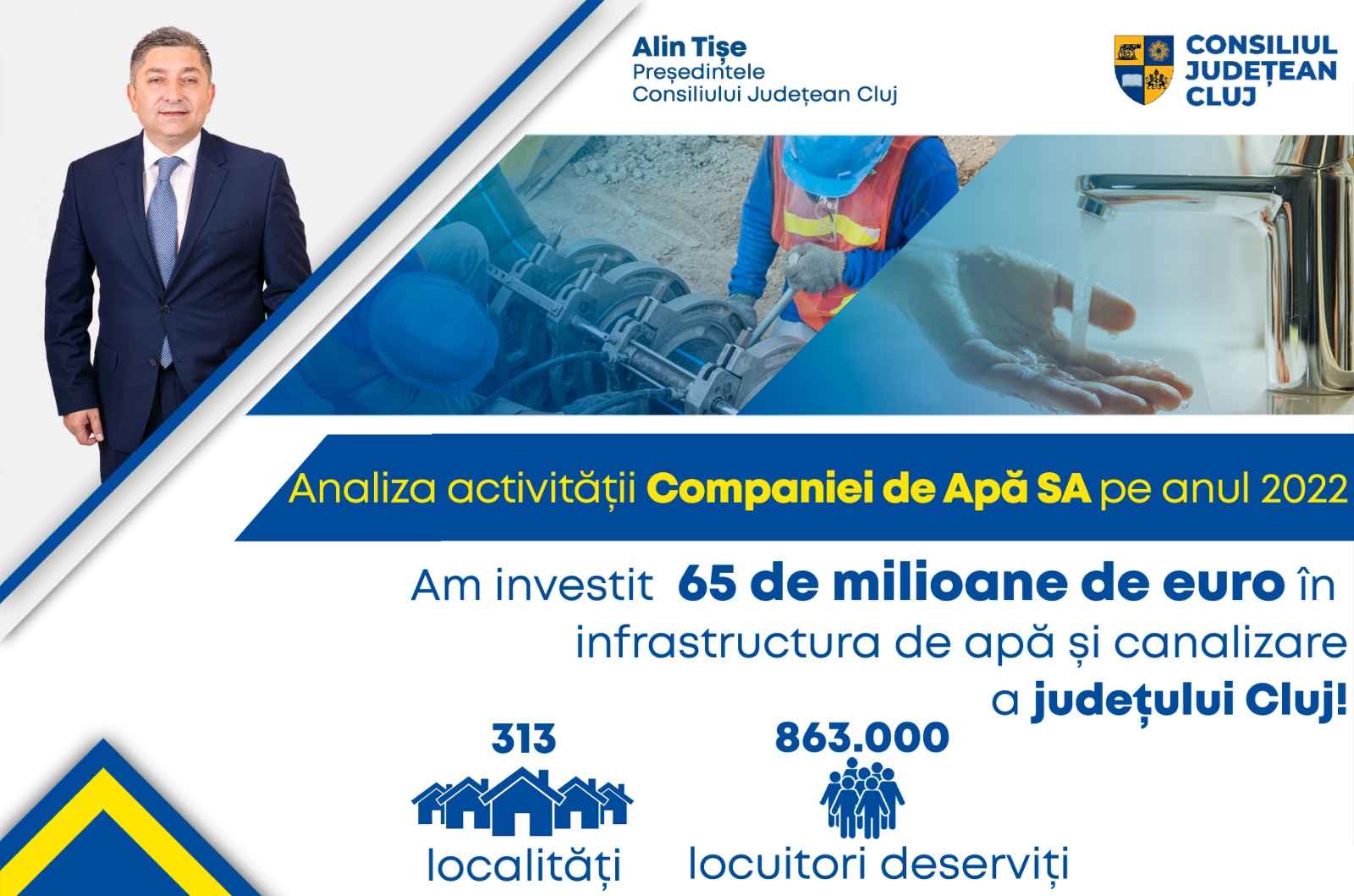 Investiții de cca. 65 de milioane de euro în infrastructura de apă și canalizare a județului Cluj, în anul 2022