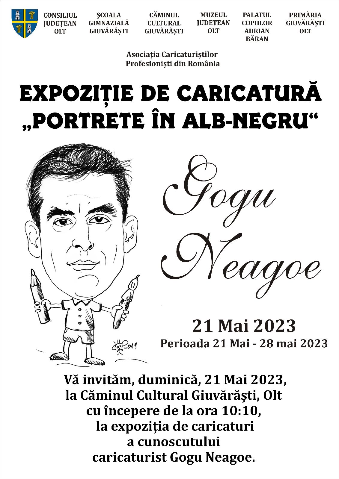 Expoziţie de caricatură Gogu Neagoe în ,,Alb si Negru\" la Giuvărăști