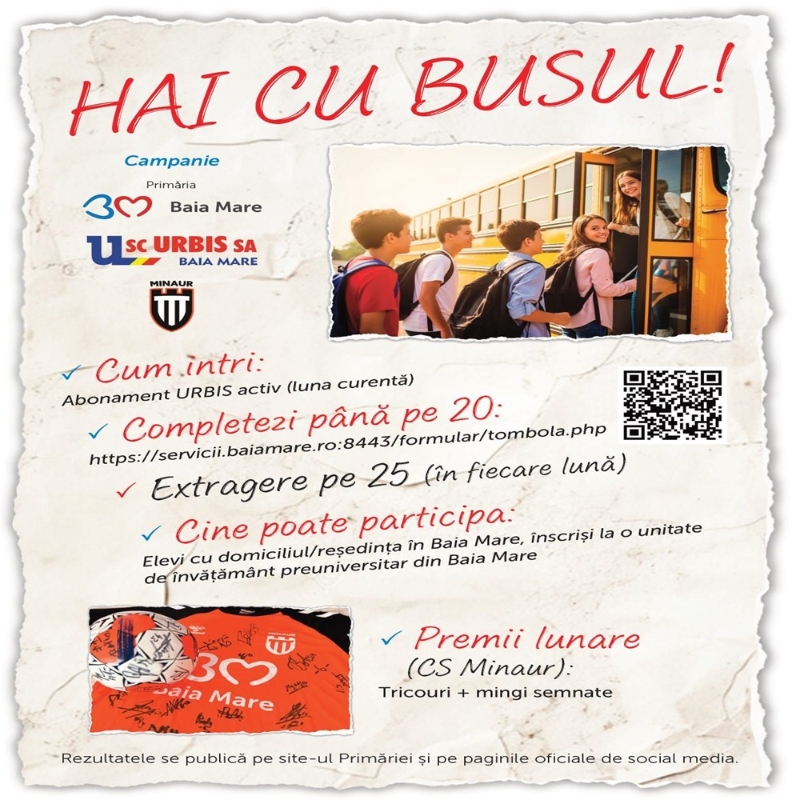 Elevii din Baia Mare cu abonamente URBIS vor fi premiați lunar, în cadrul campaniei - Hai cu busul