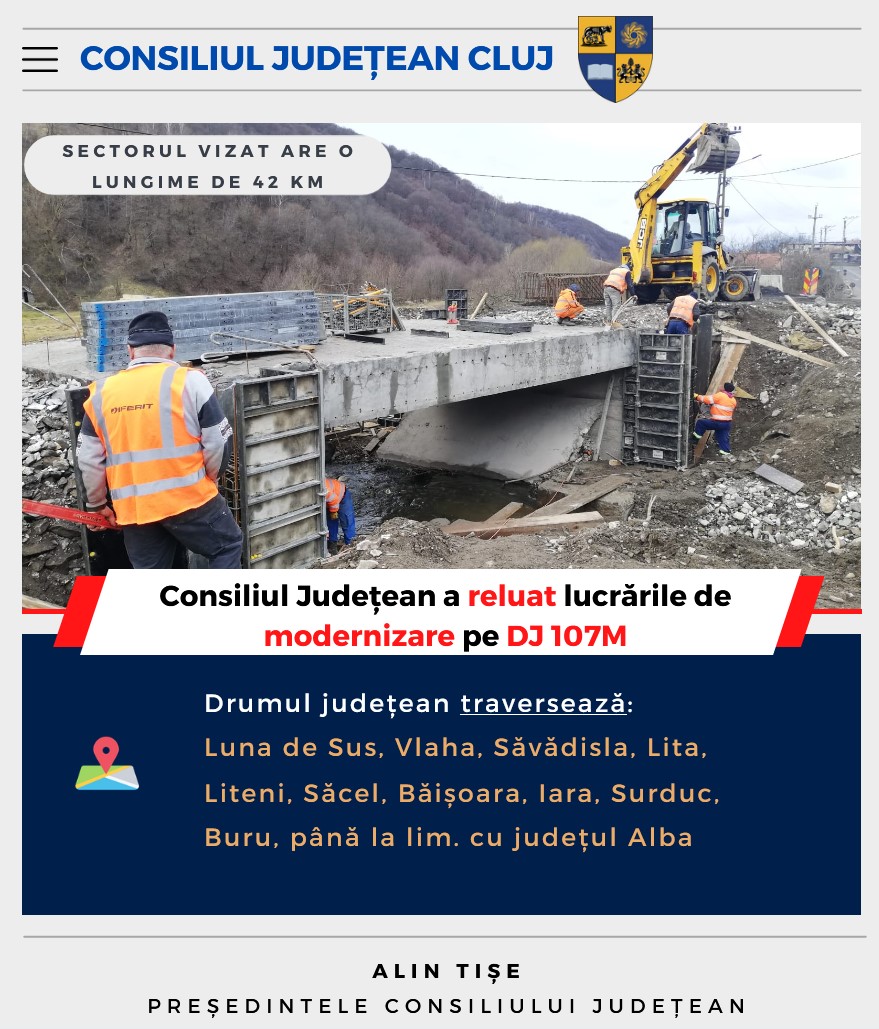 Consiliul Județean Cluj a reluat lucrările de modernizare a drumului județean 107M