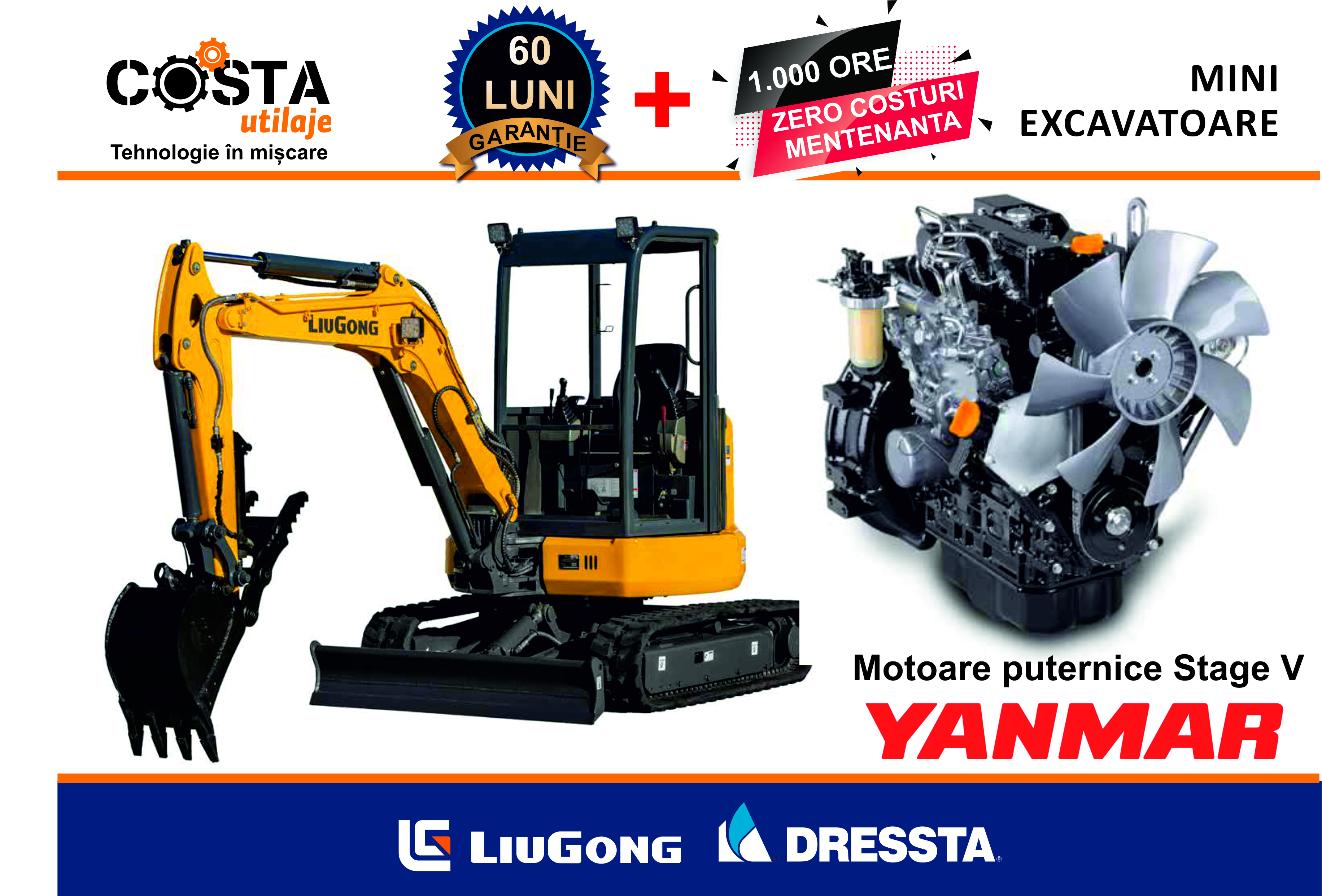 Mini excavatoare LiuGong Dressta: 60 luni Garantie +1.000 ore Zero costuri de intretinere service