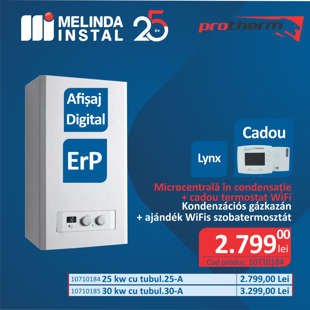 CENTRALA TERMICA MURALA CONDENSATIE PENTRU INCALZIRE SI PREPARARE ACM, INSTANT, LYNX, PROTHERM, 25 KW, CU TUBULATURA