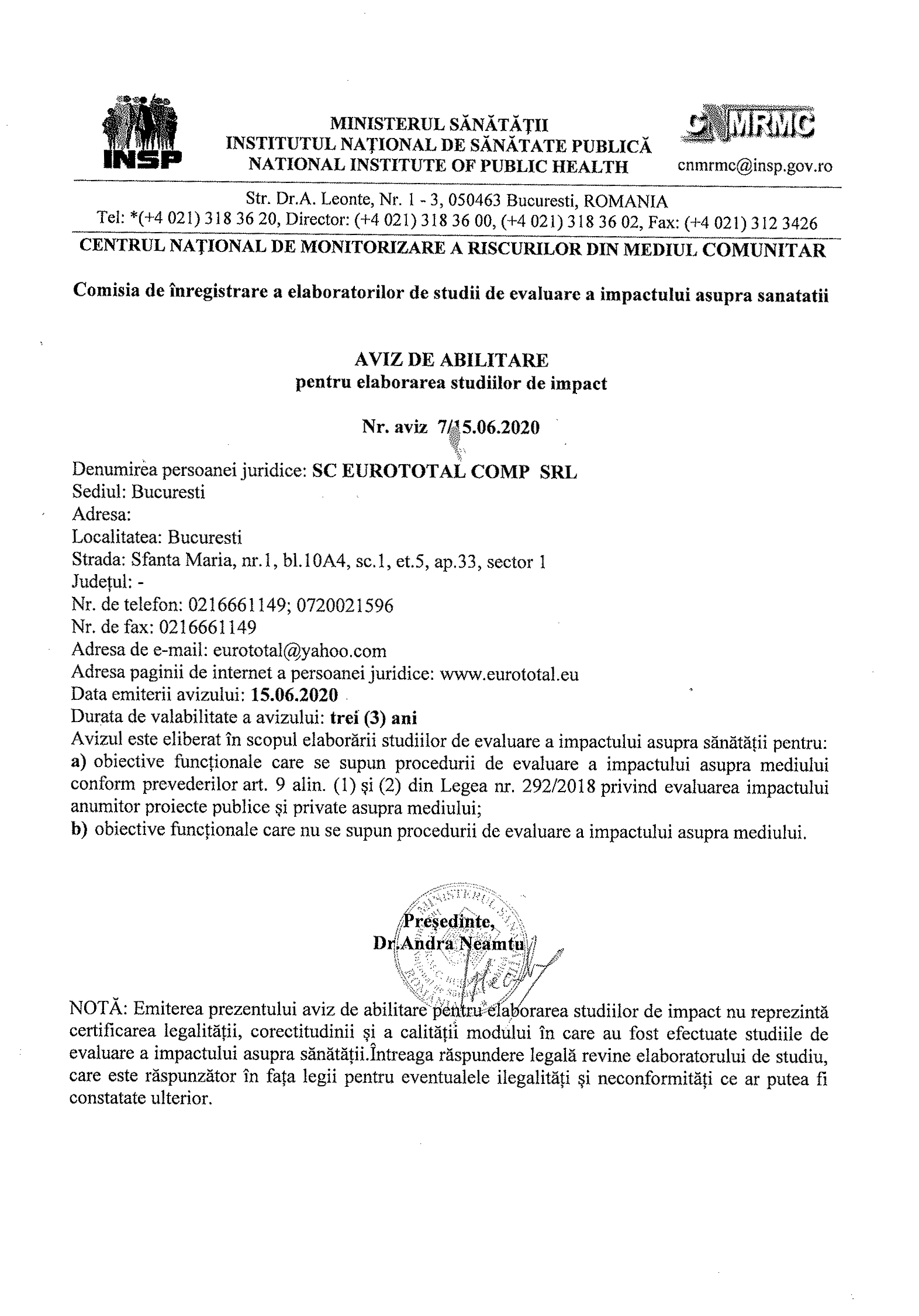 AVIZ DE ABILITARE PT ELABORAREA STUDIILOR DE IMPACT