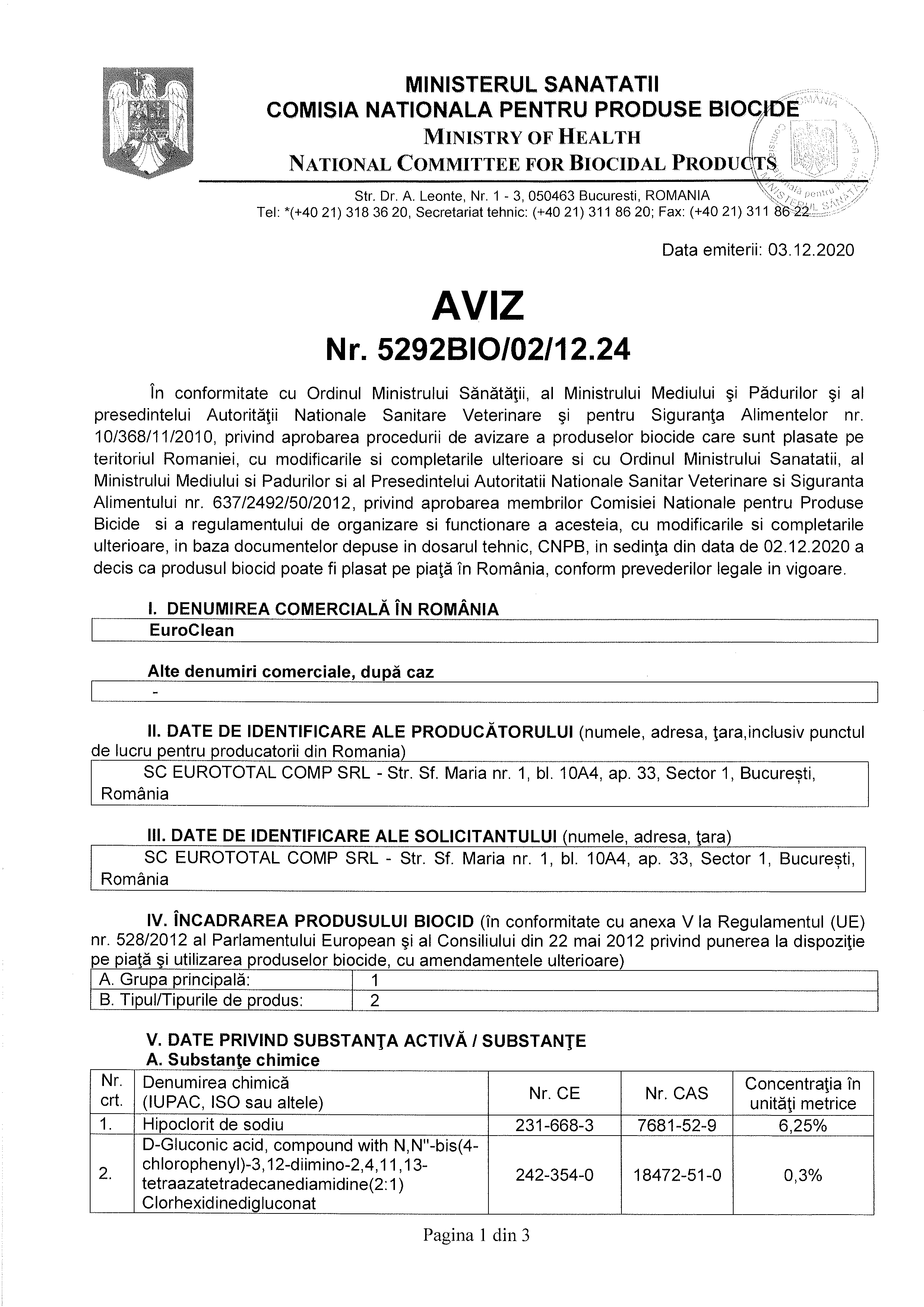 AVIZ EUROCLEAN DEZINFECTANT SUPRAFETE