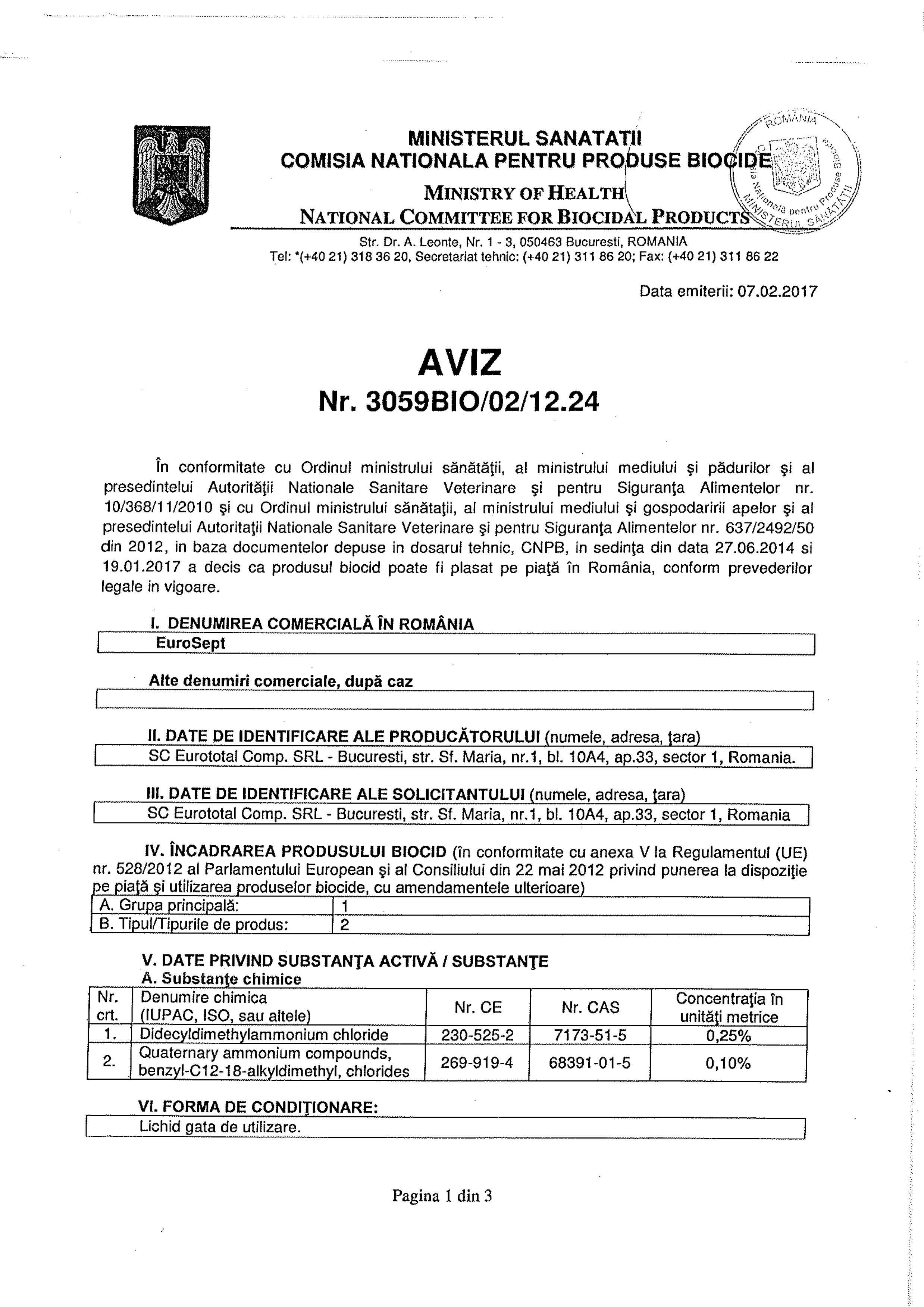 AVIZ EUROSEPT - 2017