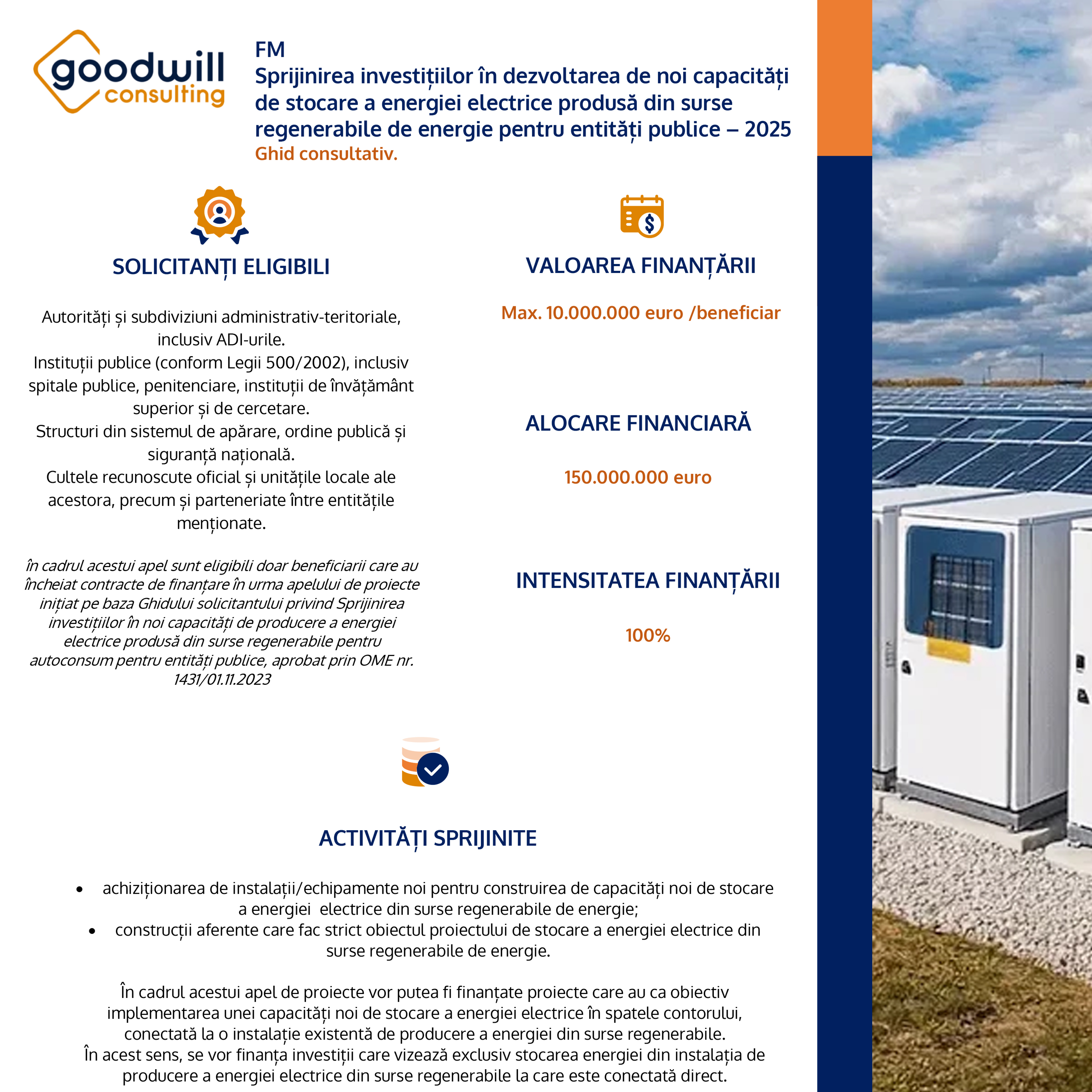 Sprijin pentru investiții în noi capacități de stocare a energiei regenerabile – entități publice