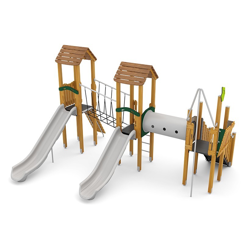 Structura modulara - Turnuri cu 2 tobogane, pasaj tunel, punte, cataratori, bara PZG-W-B007