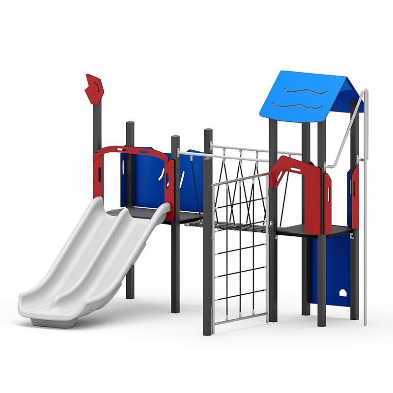 Structura modulara - Turnuri cu tobogan dublu, punte, bara de pompieri si cataratori PZG-W-A013P