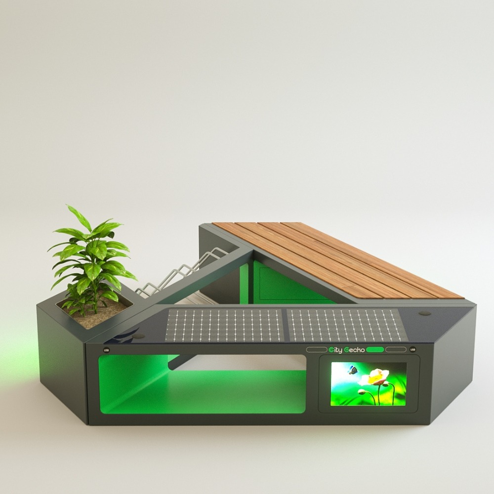 Banca smart modulara cu incarcare solara si rastel biciclete